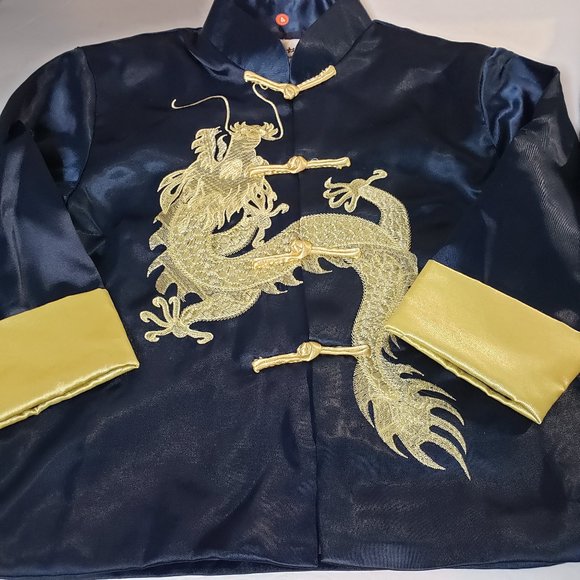 Other - Childrens Chinese Traditional Navy Satin Embroidered Dragon Outfit Pant Set 2-4